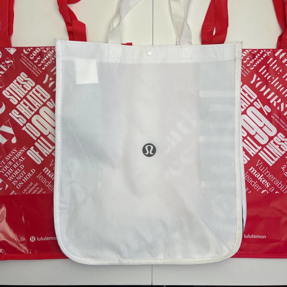 Set of 3 LULULEMON Reusable Large Tote Shopping Bags Text Print Black White Red